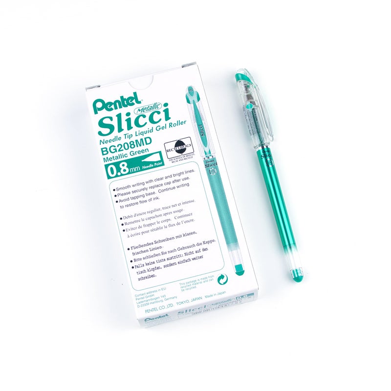 بنتل قلم جل برأس إبرة 0.8 مم من Pentel Arts Slicci Metallic، حبر أخضر معدني، صندوق من 12 قطعة (BG208-MD) - Image 1